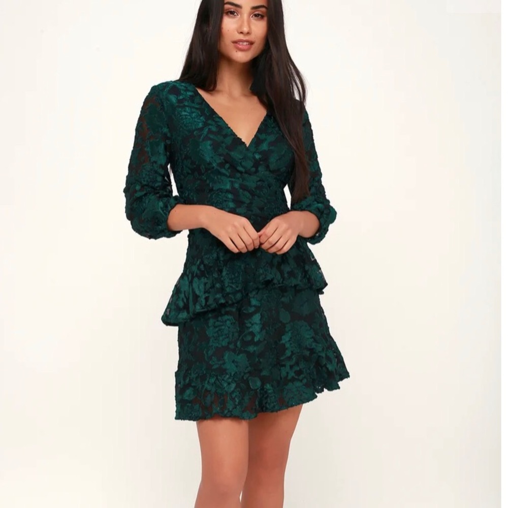 Lulus | Floral Burnt Green Velvet Ruffle Dress, XS